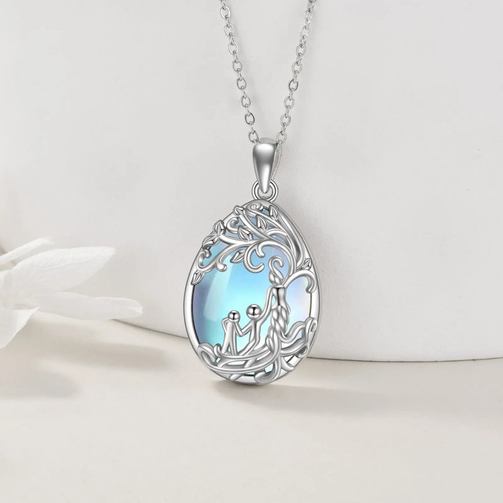 Sterling silver moonstone tree of life pendant with white gold plating on 18-inch cable chain