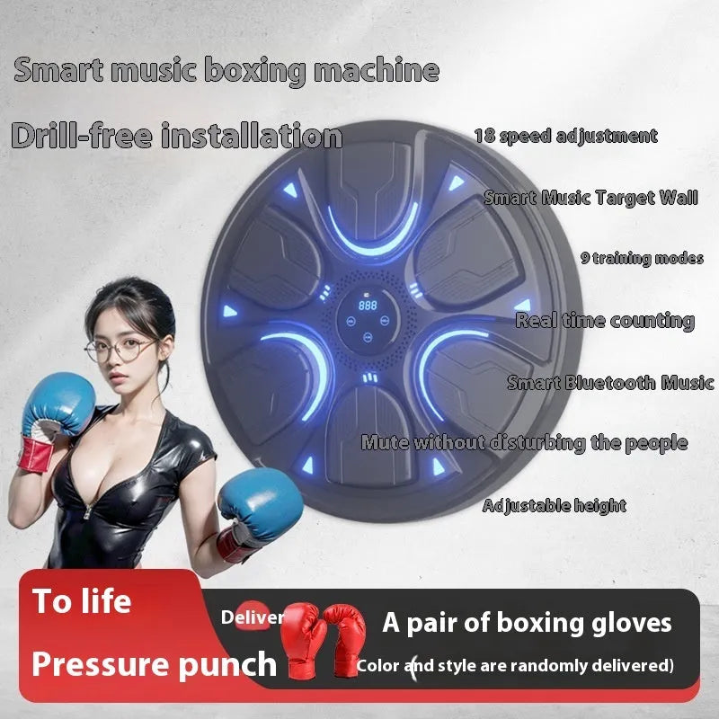 Black leather and PP intelligent music boxing machine wall target with gloves for home training.