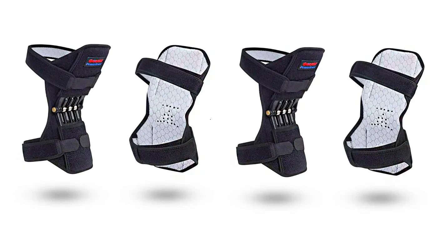 Black spring knee brace with adjustable straps on a grey background