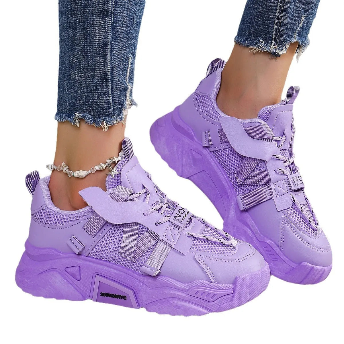 Women's purple platform mesh dad shoes with breathable upper and front lace-up design