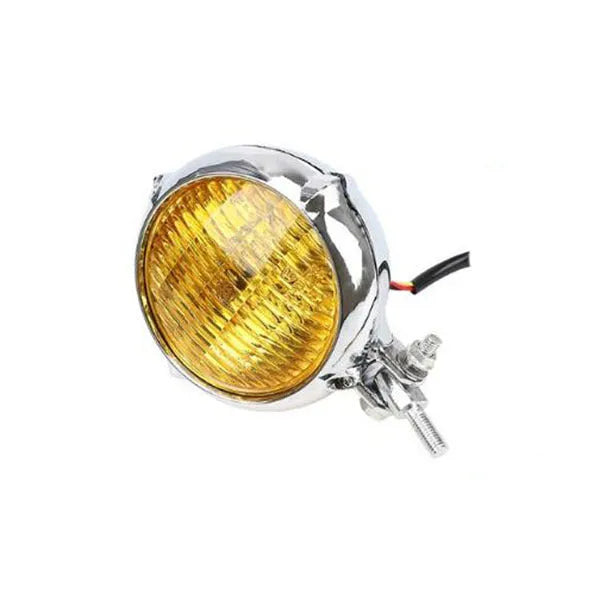 Black electroplated Harley-style halogen headlight with an 8 cm diameter lens.