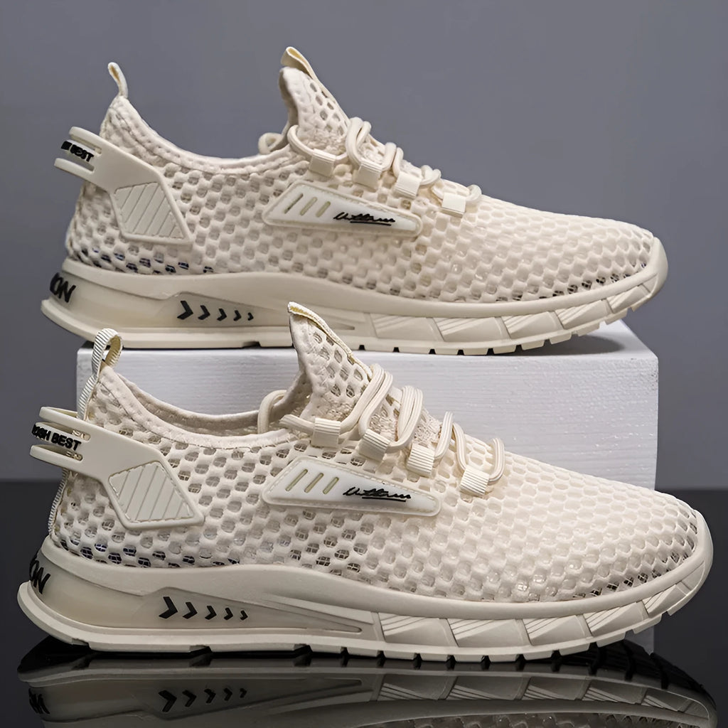 Men's beige casual sneakers with mesh lining and lace-up front on a white background