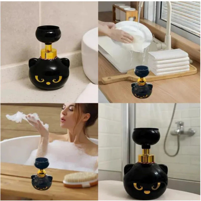 Black cartoon cat shaped plastic foam soap dispenser measuring 10x18cm