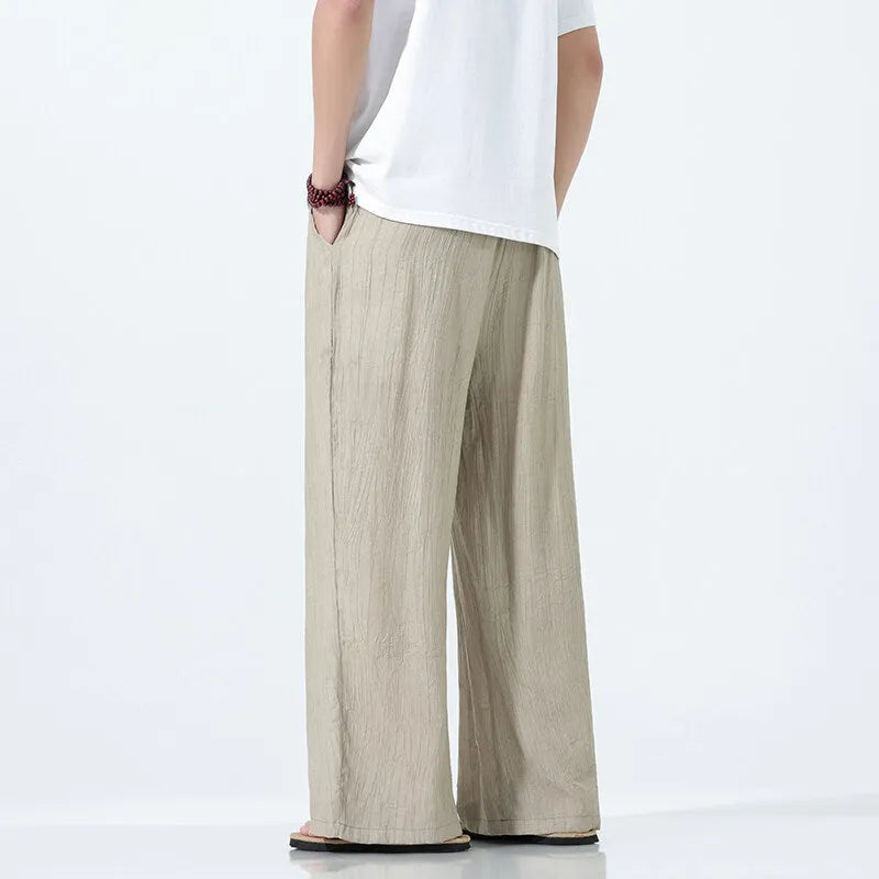 Men's straight-leg bamboo fibre trousers in black, wide leg casual style mid waist fit