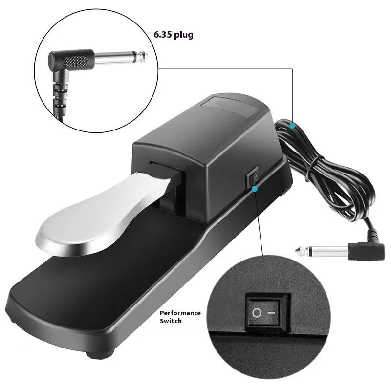 A single universal sustain pedal for electronic keyboards made from black ABS plastic with a rubber anti-slip base.