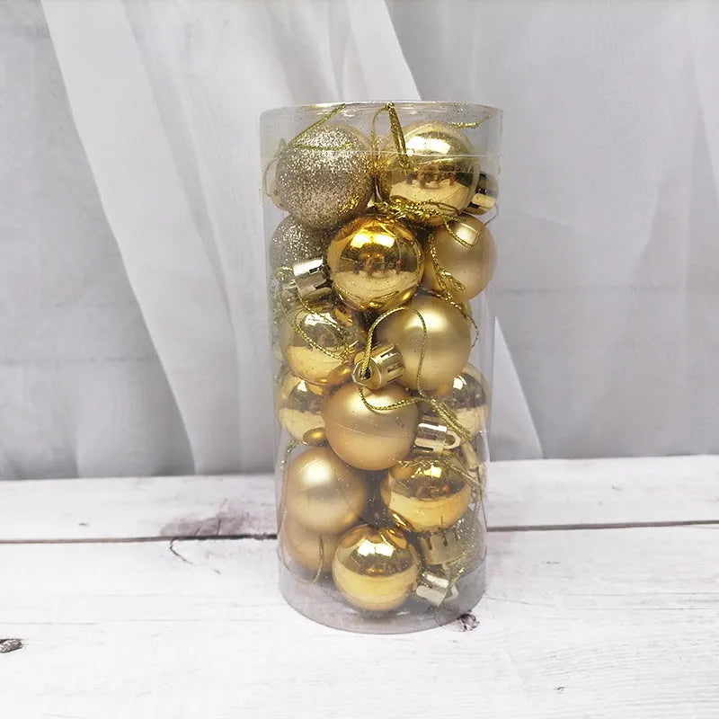 Assorted metallic gold, red, silver, and blue 3cm plastic Christmas bauble ornaments in a box.