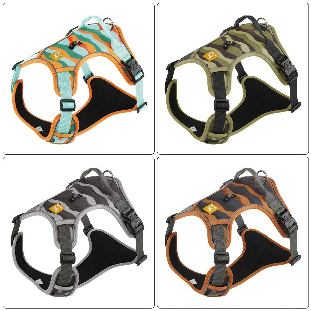 Orange reflective dog chest and back harness with hand-holding rope on a neutral background.