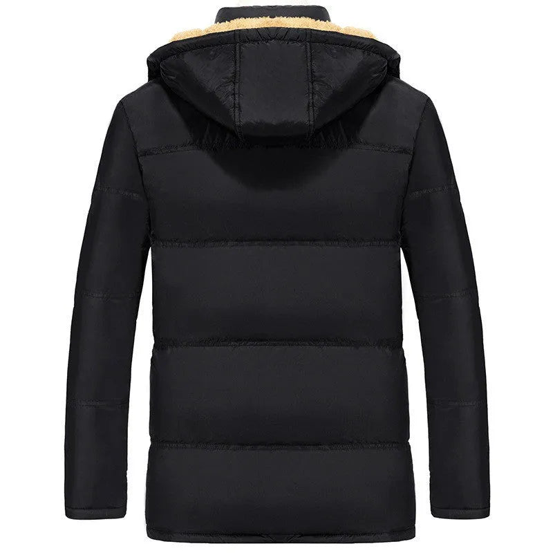 Men's black velvet padded winter jacket with hood and double-breasted placket in loose fit style