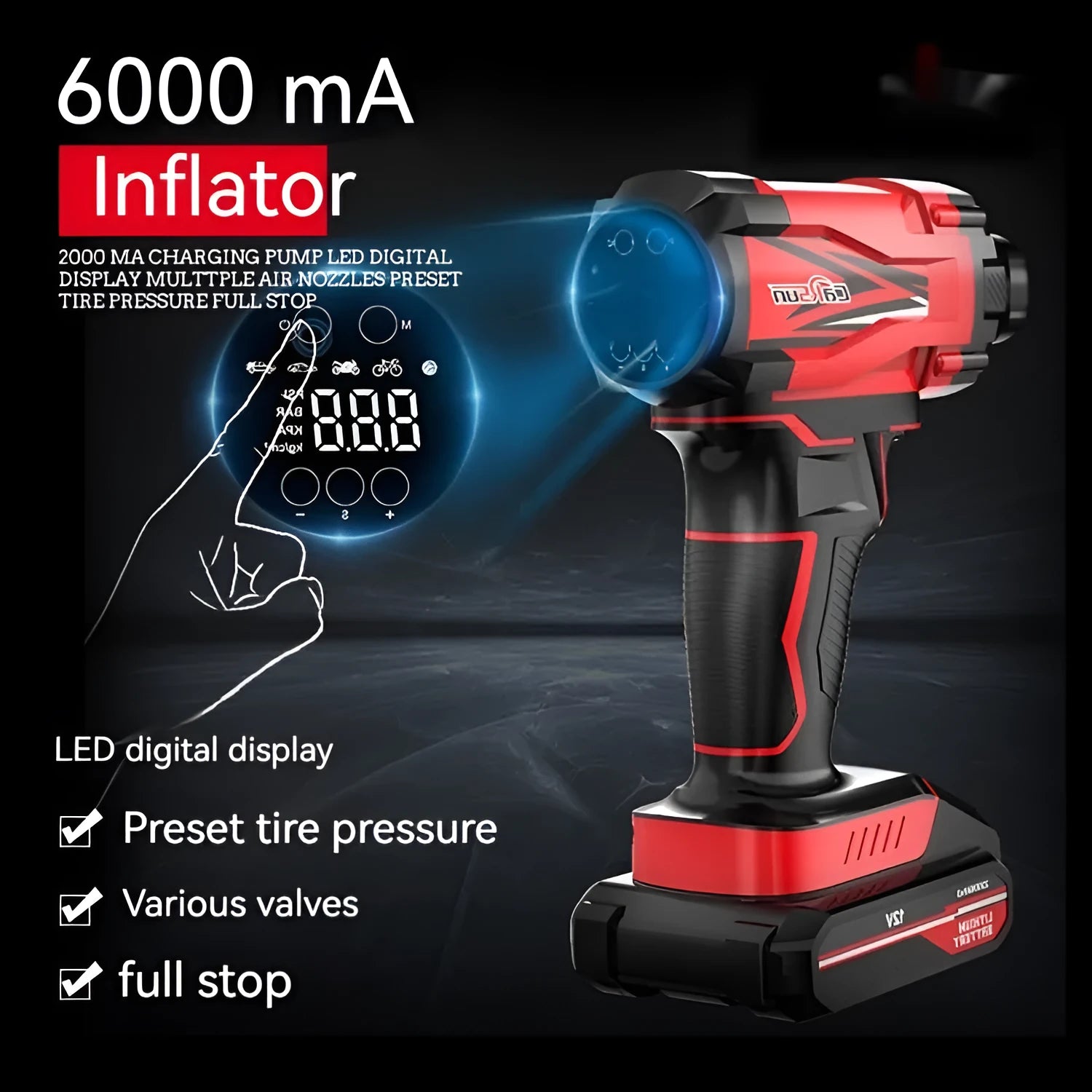 Red and black portable car tyre inflator with power cable and accessories