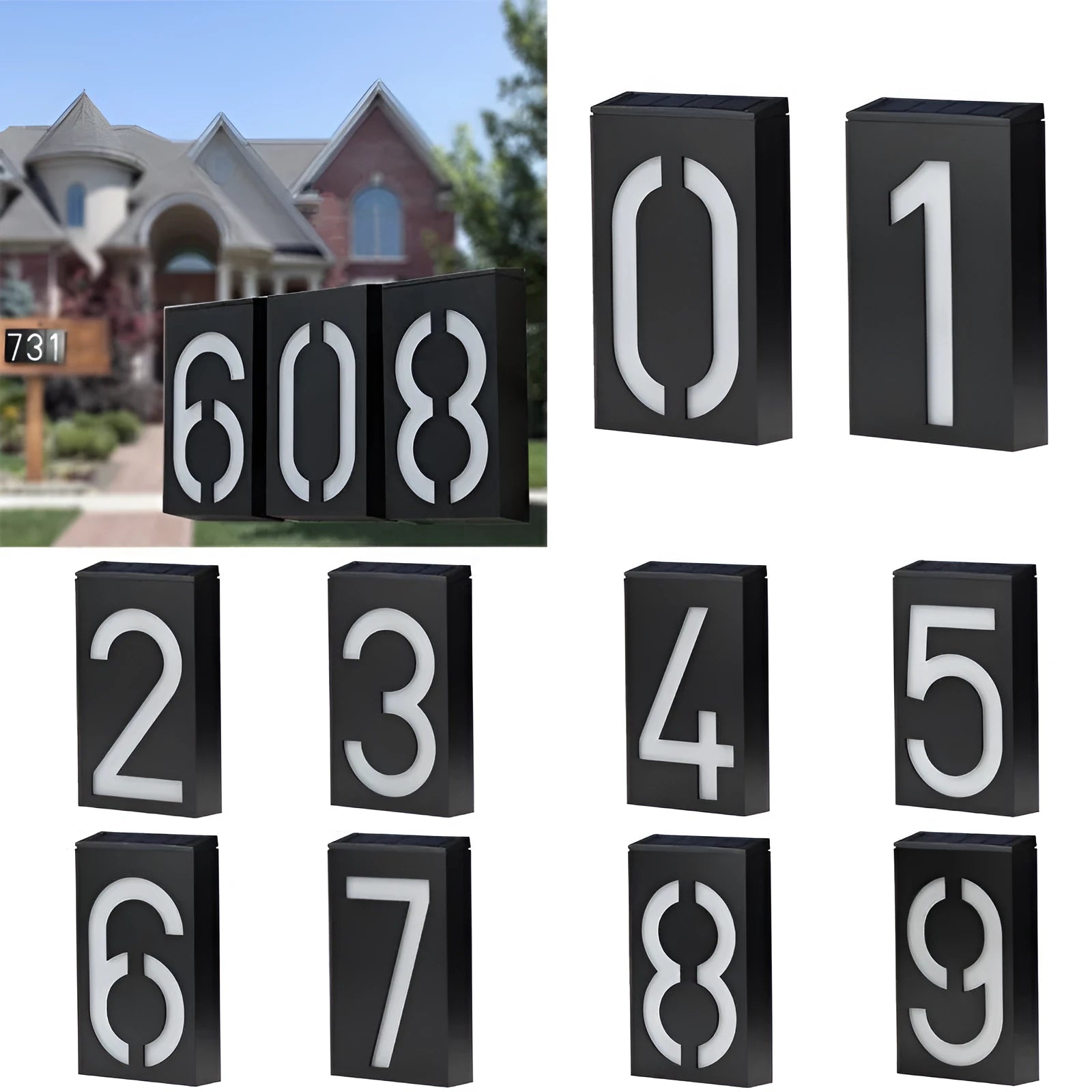 Solar powered outdoor house number light with white LEDs and weatherproof housing