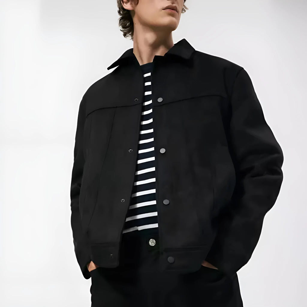 Black men's hooded jacket with suede collar, loose sleeves, and side pockets