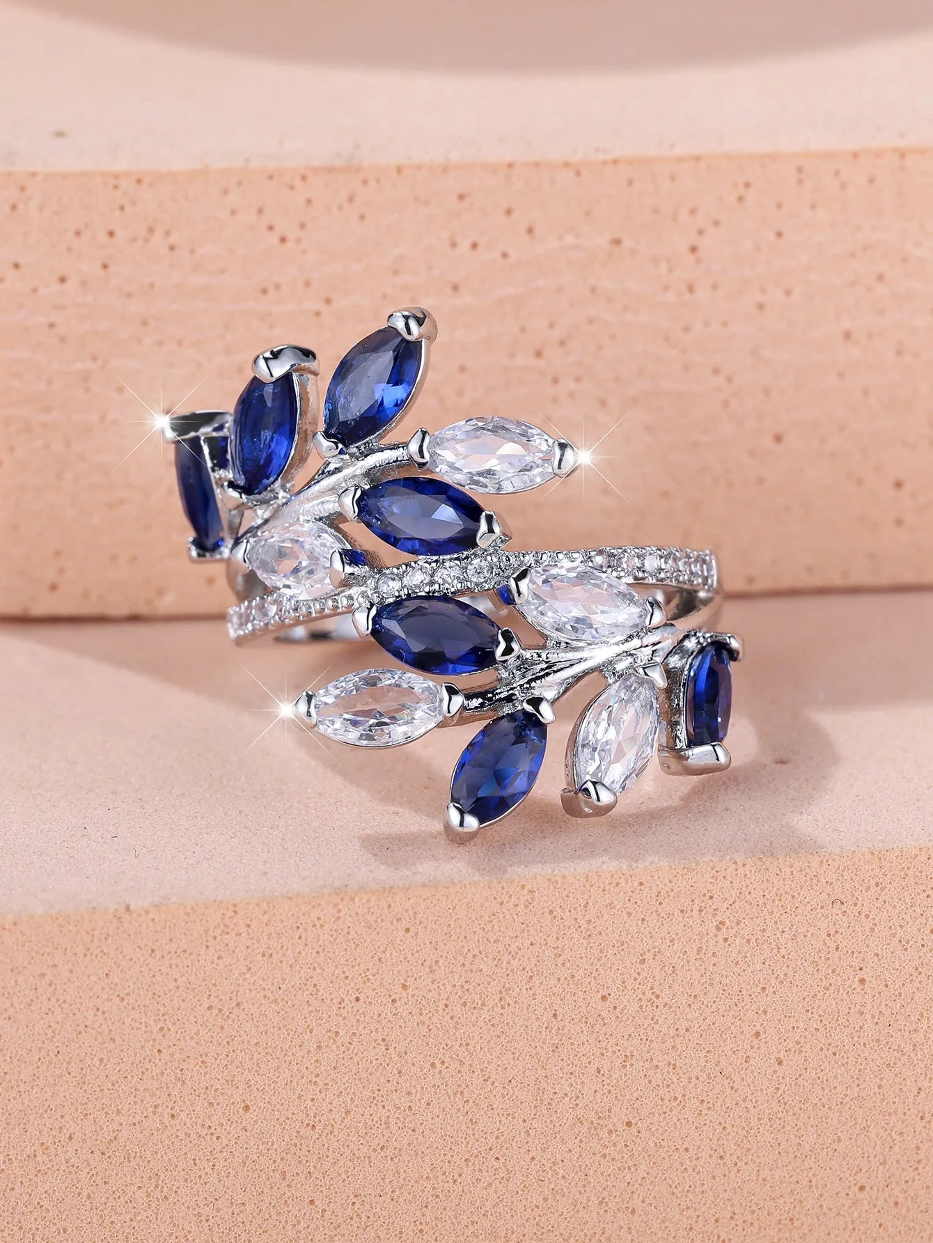 Adjustable copper leaf-shaped ring with zircon stones in multiple colour finish options