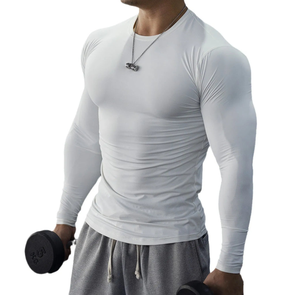 Men's black slim fit fitness tights with long sleeves for running and gym workouts.