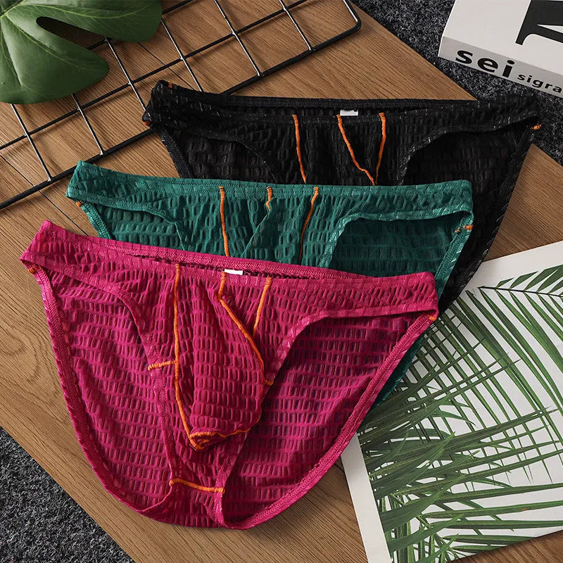 Men's ice silk lace low waist briefs for sports in solid colours.