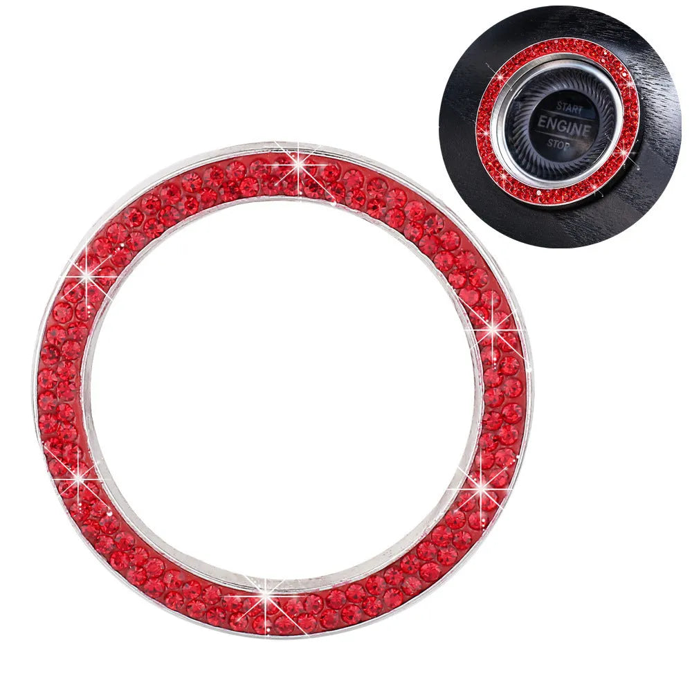 Diamond-encrusted car one-button start decorative ring sticker in pink with rhinestones on a car start button