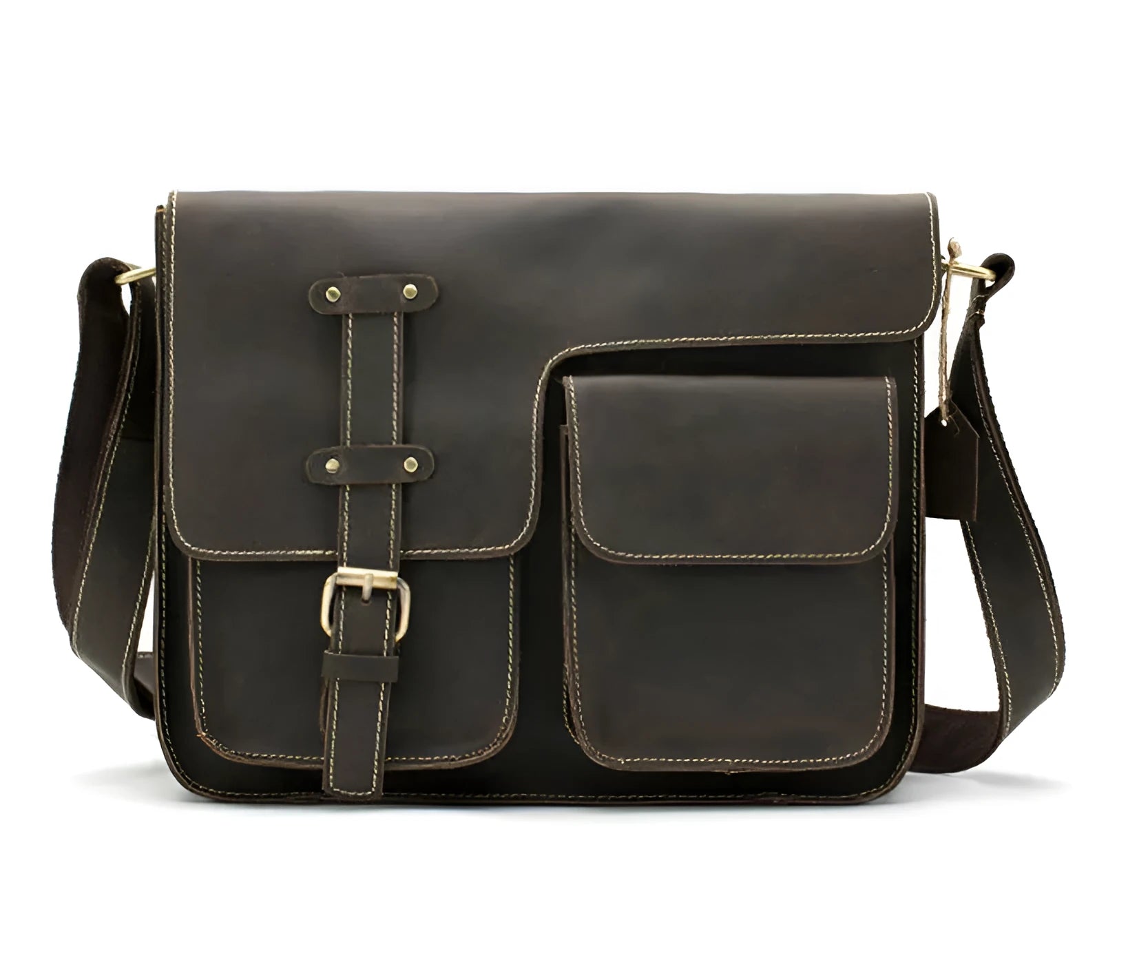 Vintage brown leather messenger bag with antique brass buckle and crossbody strap