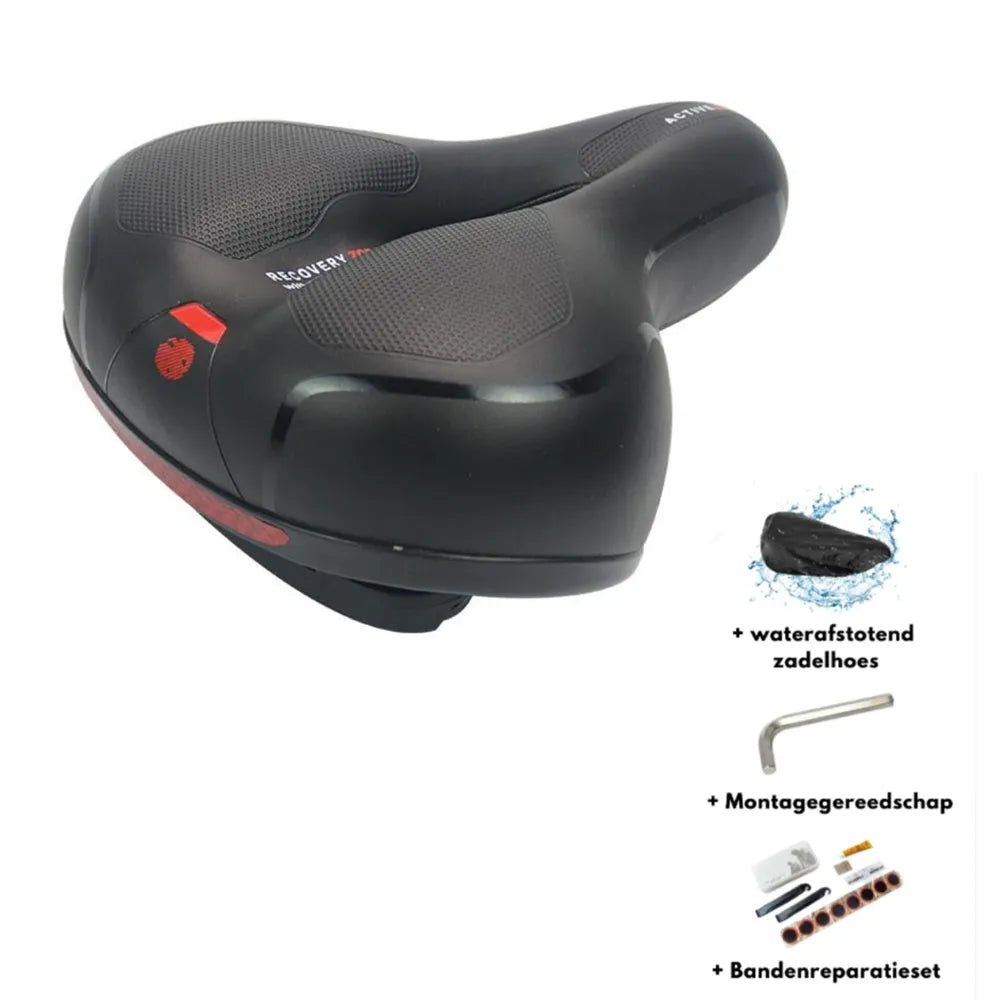 Bicycle saddle cushion with PU leather cover, shown with waterproof cover, wrench, and tire patch kit.