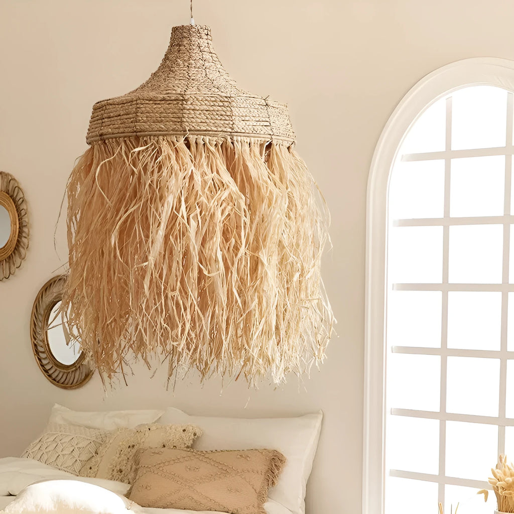 Southeast Asian style woven chandelier with wild vetch and willow, 50cm diameter.