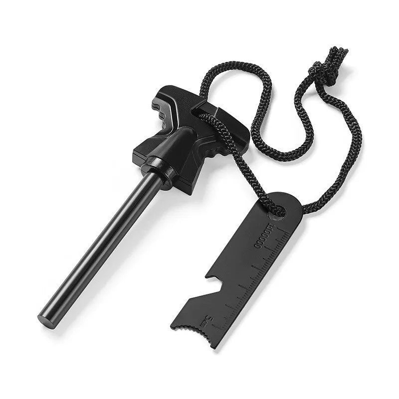 Butterfly-shaped stainless steel fire starter with ferrocerium rod, striker, and bottle opener