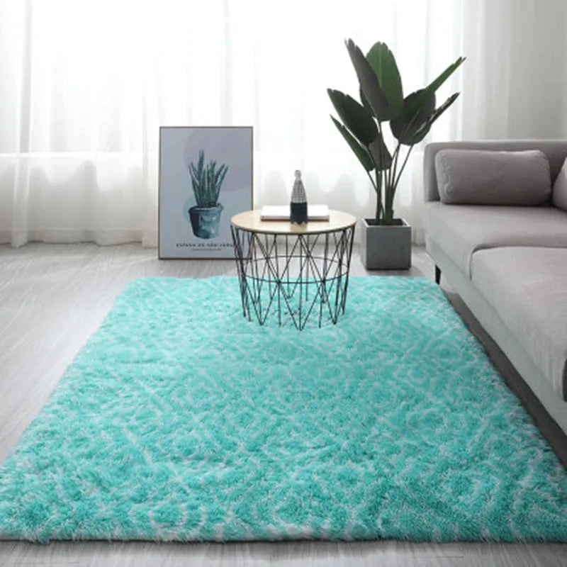 Long hair tie-dyed gradient polyester carpet in a living room setting showing soft texture and colour transition