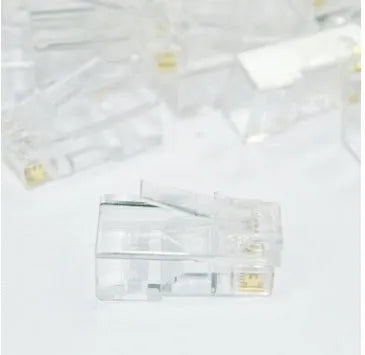 White RJ45 network crystal head modular plug with gold-plated three-fork contacts