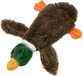 Green stuffless plush dog toy shaped like a wild duck with two squeakers.