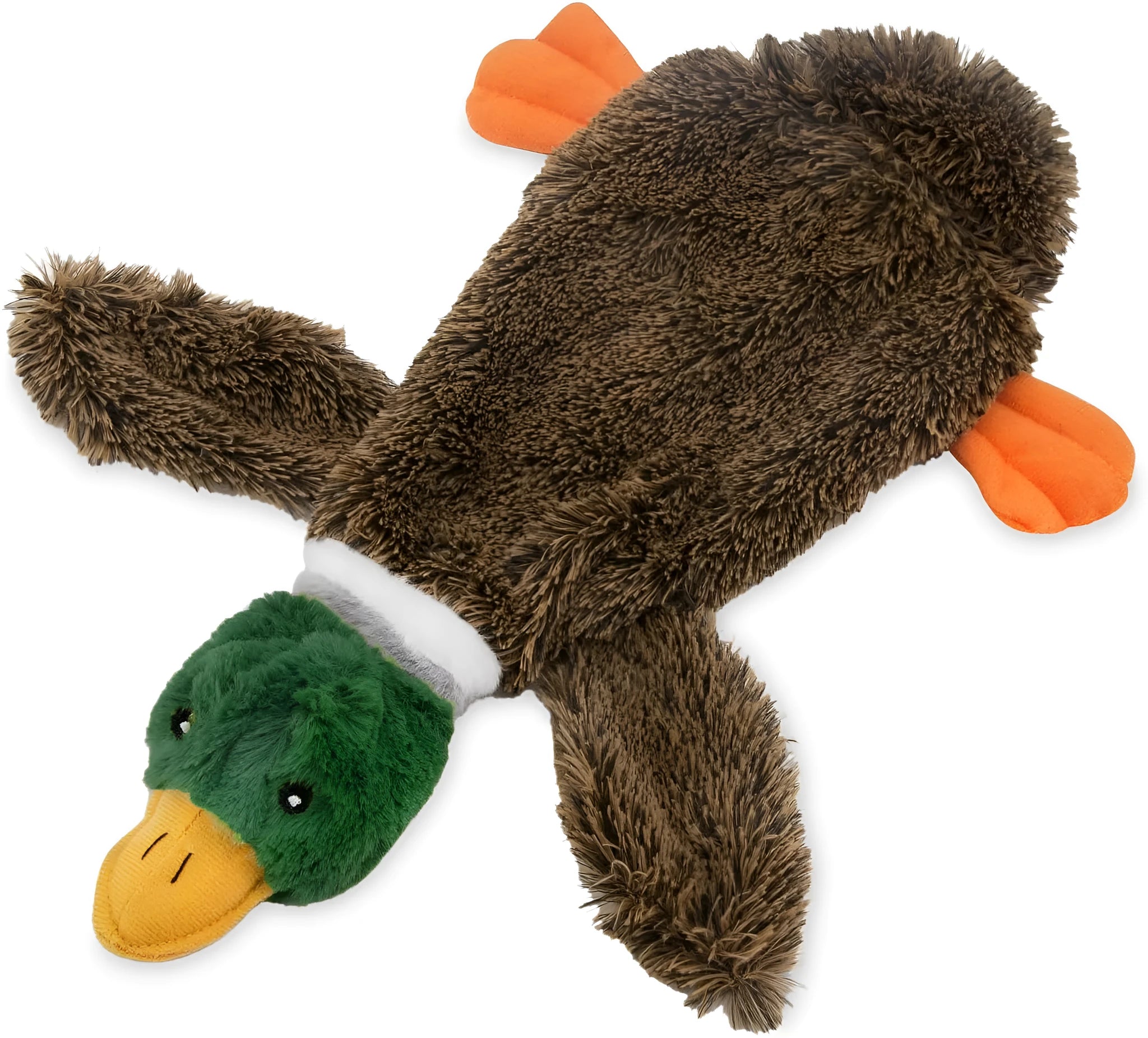 Green stuffless plush dog toy shaped like a wild duck with two squeakers.