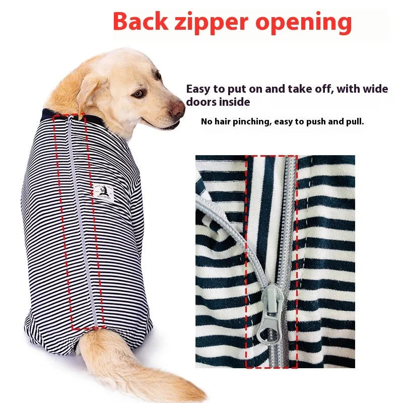 Sky blue striped polyester dog shirt on a thin Golden Retriever, showing four-legged fit.