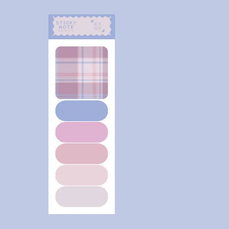Colourful memo pad sticky notes set showing six plaid designs with 67mm x 200mm sizing
