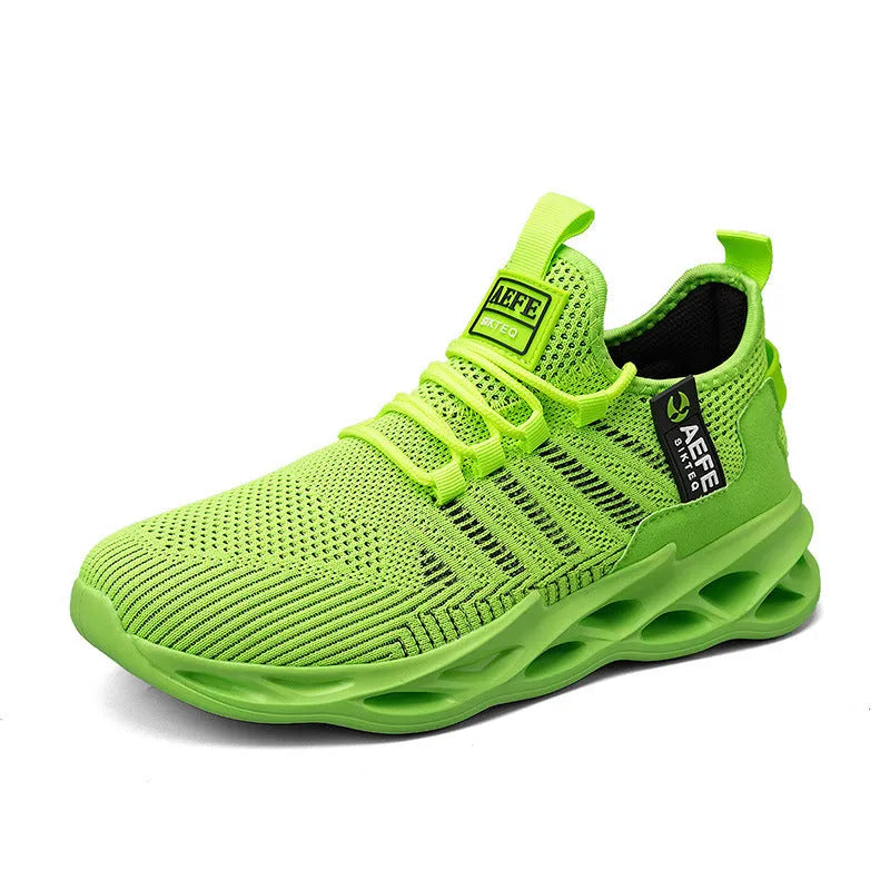 Men's mesh breathable casual running shoes with cross straps in black, green, and yellow, sizes 40-47