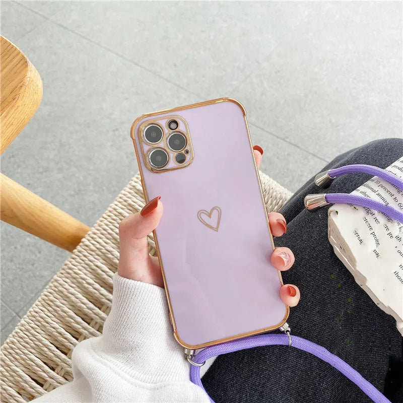 TPU hollow love crossbody lanyard phone case for Apple iPhone, electroplated heart design, grey option