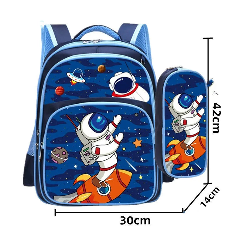 Blue cartoon anime print school backpack with double straps and matching pencil case for students