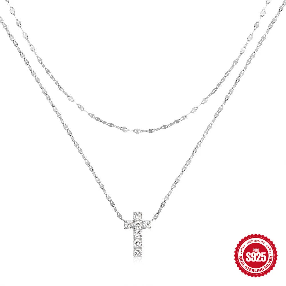 Sterling silver double layer twin diamond cross pendant necklace with geometric design