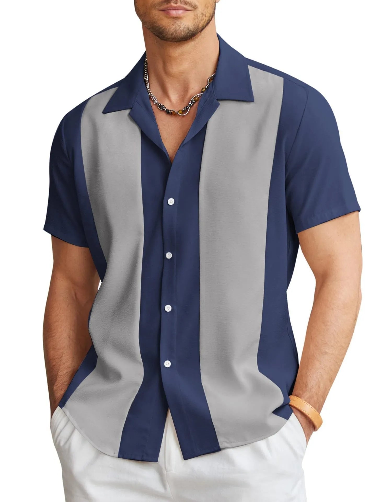 Man wearing a slim fit, short sleeve Hawaiian shirt with a cardigan style in a colourful digital print pattern.