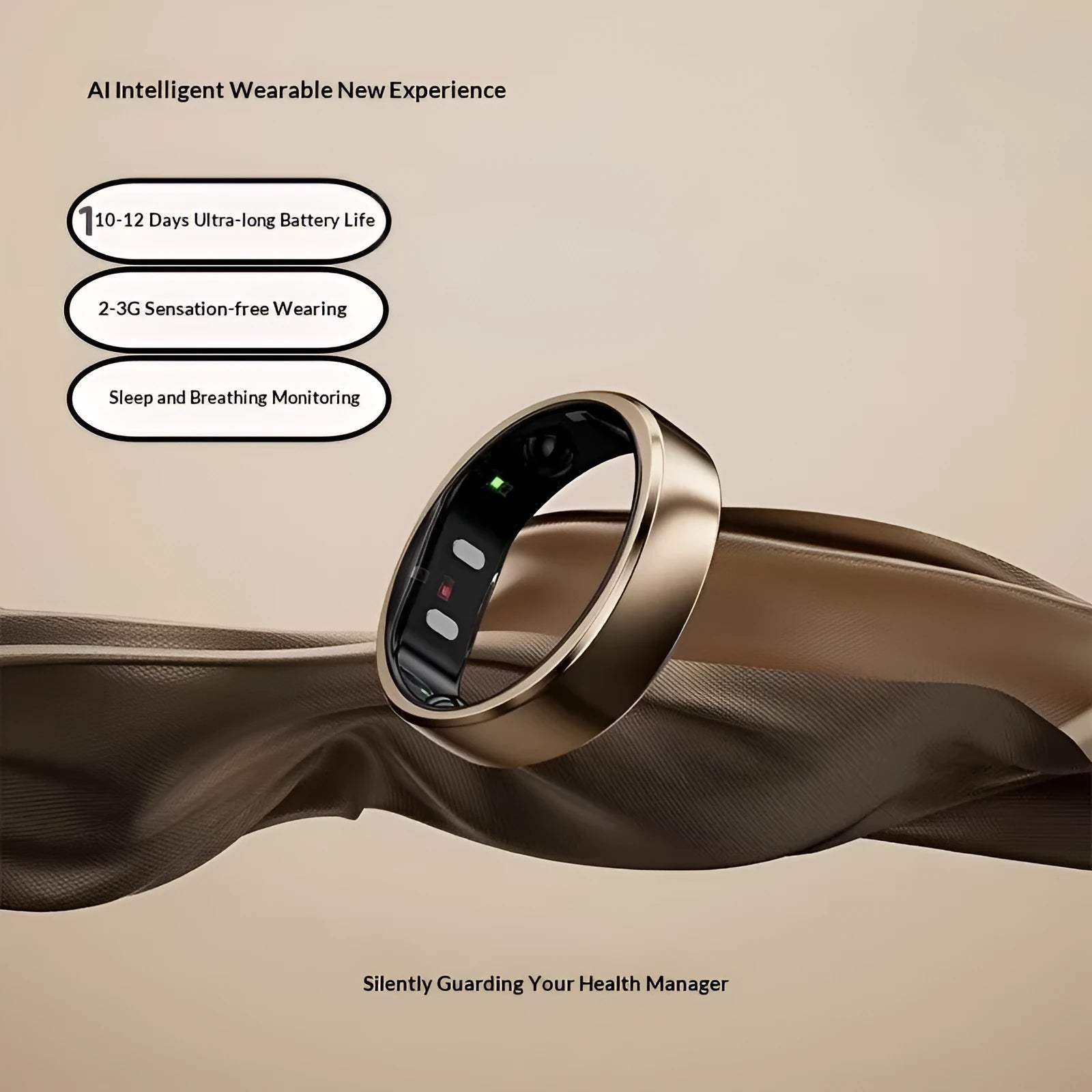 Personality multifunctional Bluetooth smart AI ring in Black, Gold, and Silver with heart rate monitoring touch screen