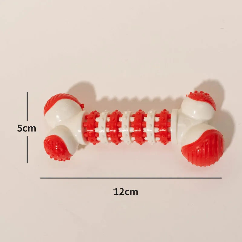 Blue bone-shaped interactive dog toy for small breeds with chewable ends and a treat holder in the centre.