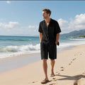 Men's linen blend short sleeve shirt and matching shorts set in a light blue colour.