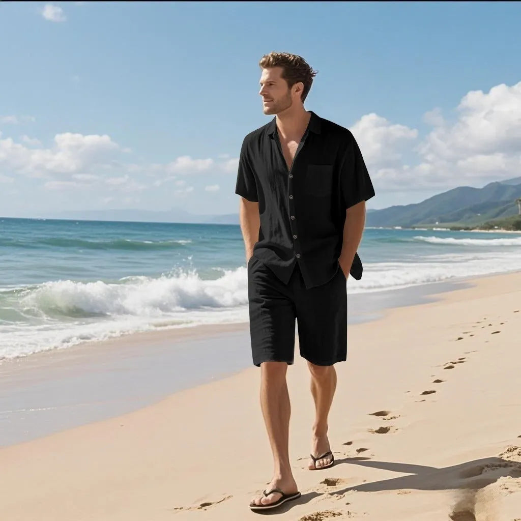 Men's linen blend short sleeve shirt and matching shorts set in a light blue colour.