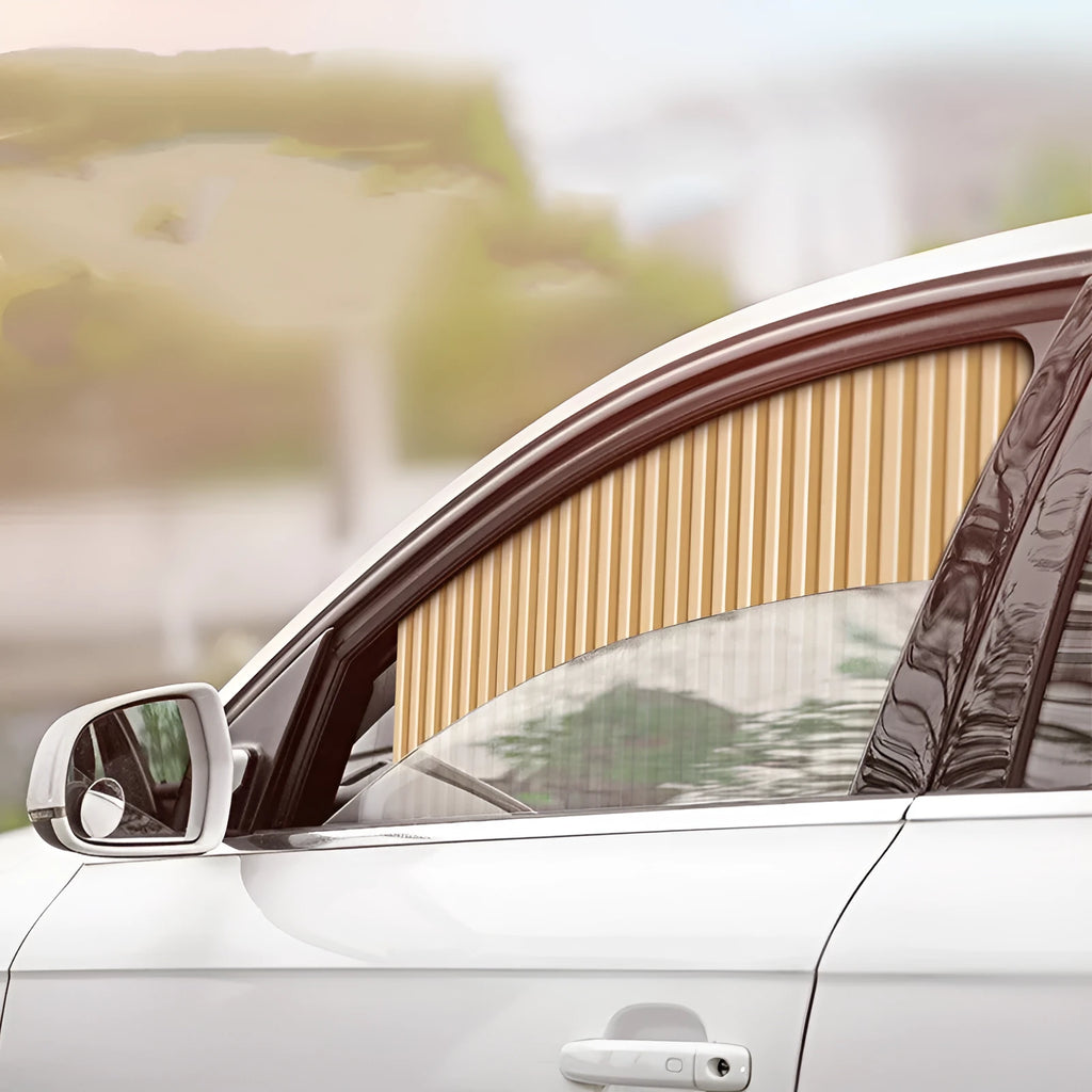 Auto retractable car sunshade in black colour showing roller shutter mechanism