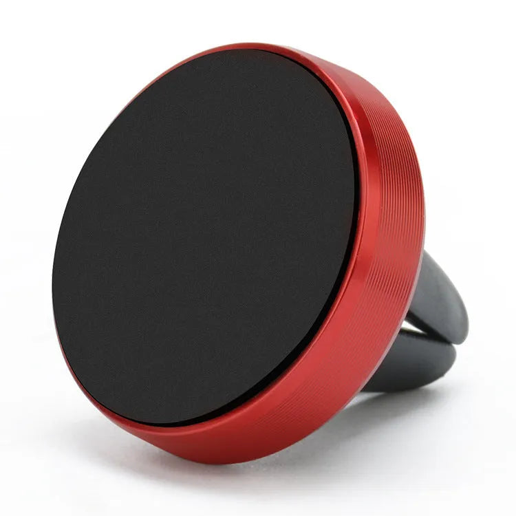 Magnetic car phone holder attached to a vehicle air vent, showing phone mounted and 360-degree rotation.