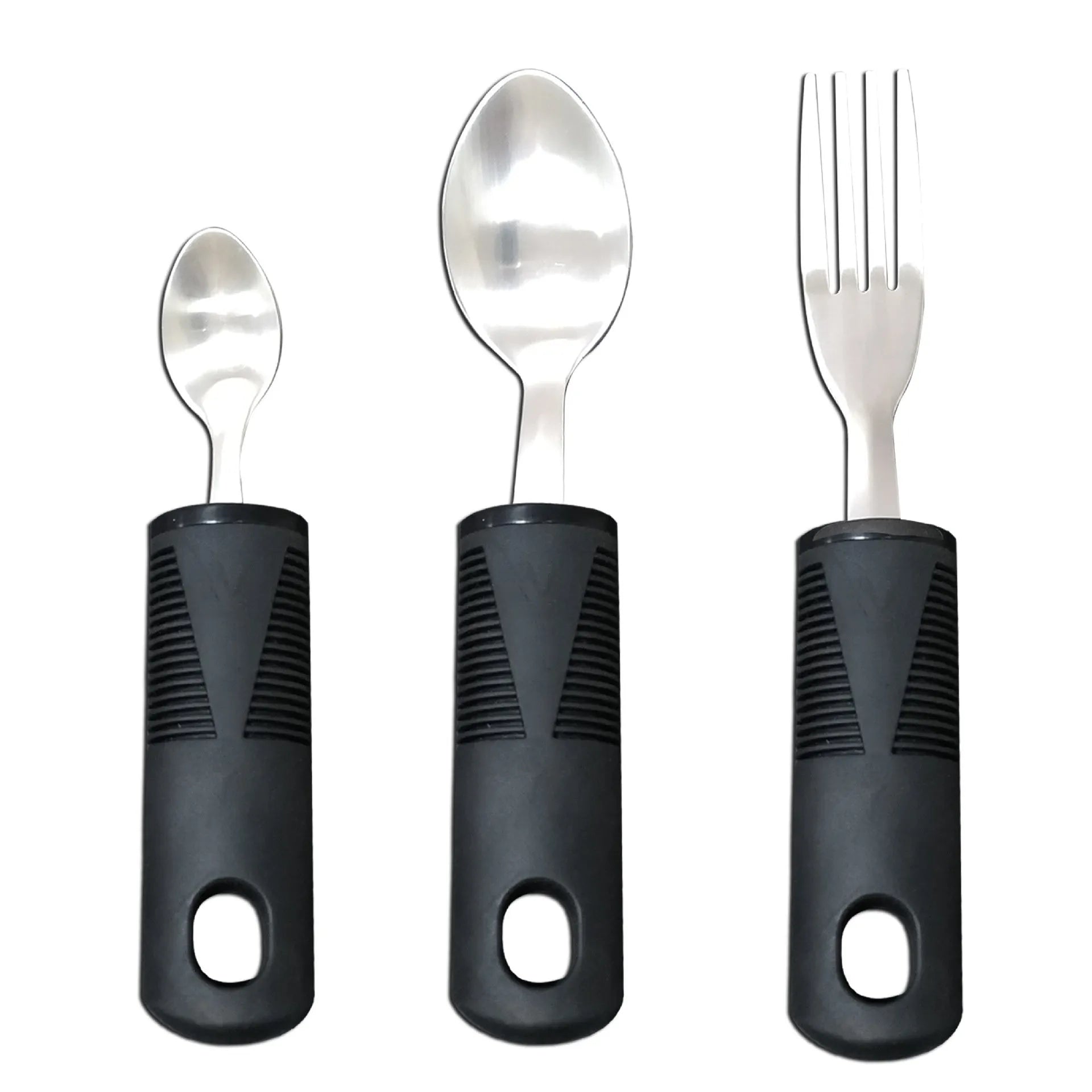 Stainless steel anti-shake cutlery set with rubber handles for adult mealtime assistance