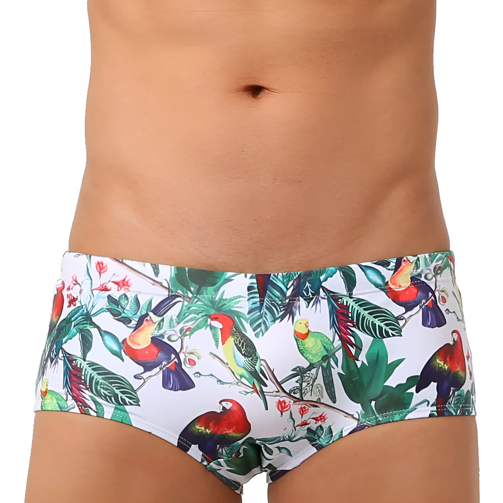 Men's floral bird print swimming trunks in nylon fabric, shown in small boxer style.