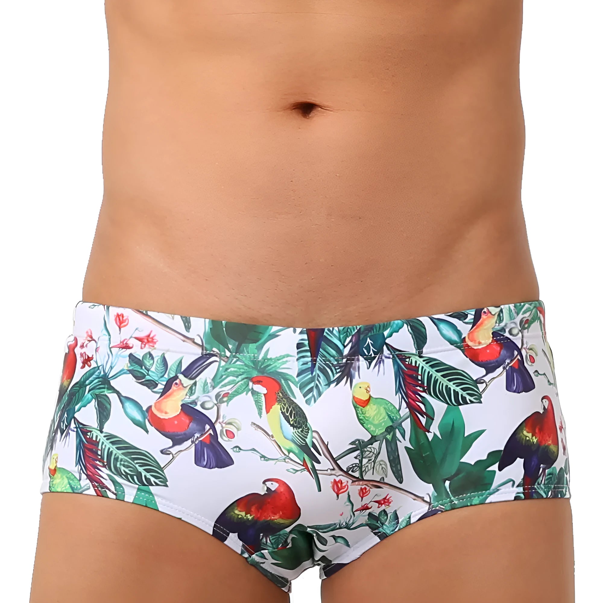 Men's floral bird print swimming trunks in nylon fabric, shown in small boxer style.