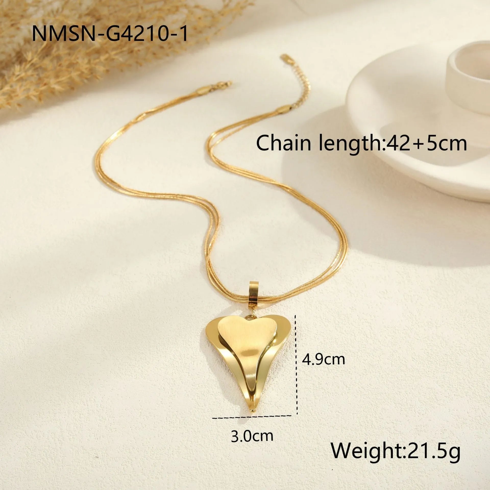 Stainless steel double heart snake bones chain necklace with geometric pendant in gold or steel colour