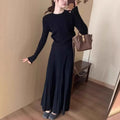 Ethnic style knitted dress suit set with 3D pattern, sweater and skirt in dark grey