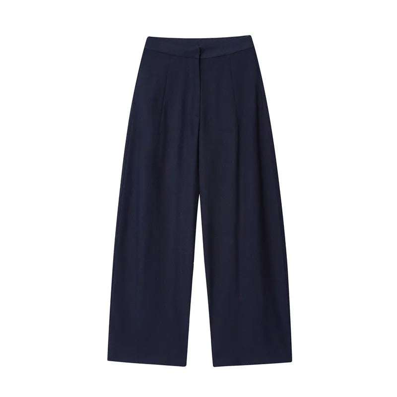Women's linen-style shirt and wide leg trousers set with flounced sleeves