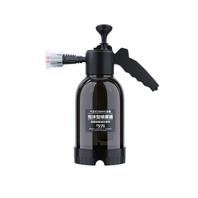 Black hand-held 2 litre foam sprayer watering can with comfortable handle for car washing and plant watering