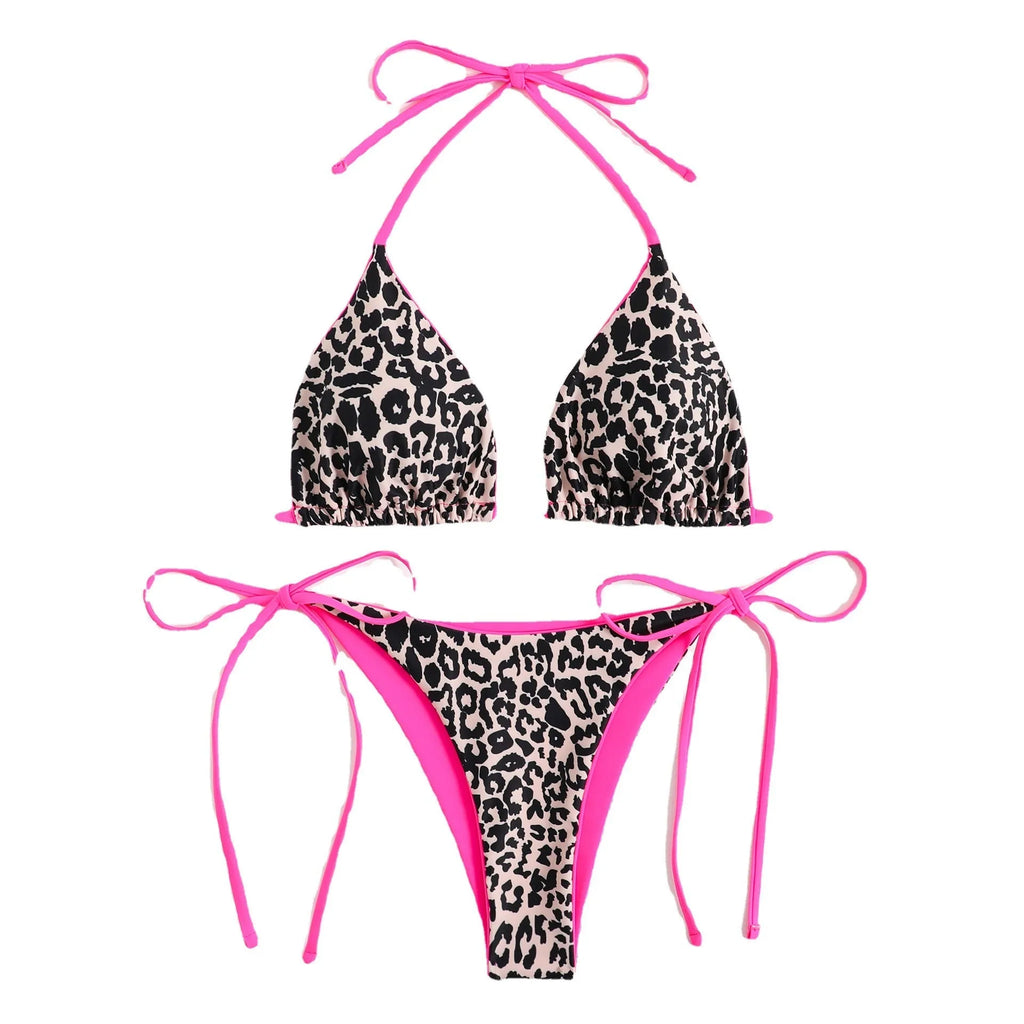 Women's blue lace-up triangle bikini set with adjustable ties and matching bottoms