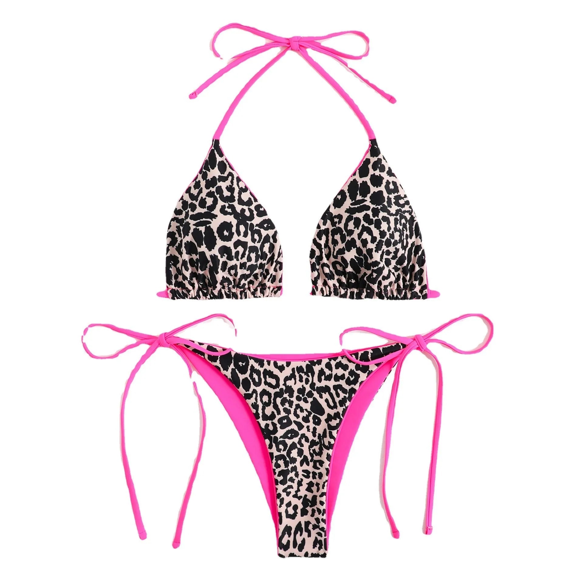 Women's blue lace-up triangle bikini set with adjustable ties and matching bottoms