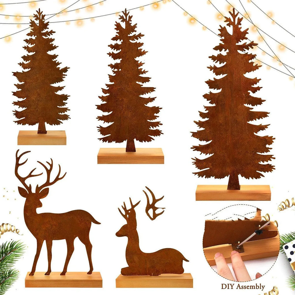 Three metal Christmas tree ornaments with elk figurines and rustic metallic finish
